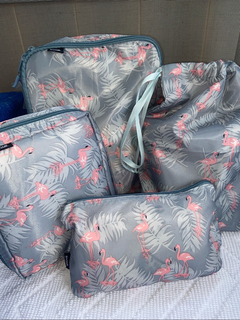 Travel Pouch Set - Light Blue with Pink Flamingo Print